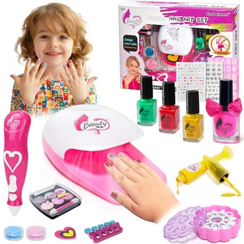 Geek Cheers Kids Nail Polish Set for Girls, All in One Nail Art Kit with Nail Dryer/ Glitter Pen/ Nail Pen/ Eyeshadow - Birthday and Christmas Gifts for Girls Ages 5-12