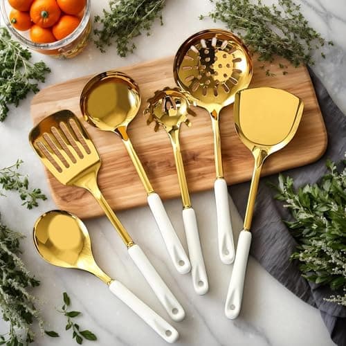 Novellus Stainless Steel Gold Kitchen Utensils Set with Holder, 7pcs White - Thumbnail 5