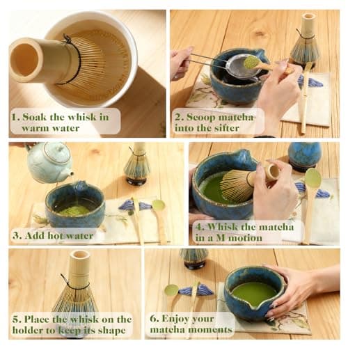 HEYMKGO Matcha Whisk Set 8 Pcs, Sapphire Blue Matcha Bowl with Spout, Bamboo Whisk & Holder, Scoop, Scoop Rest, Sifter, Bamboo Spoon & Tea Towel - Traditional Japanese Matcha Tea Ceremony Kit - Thumbnail 4
