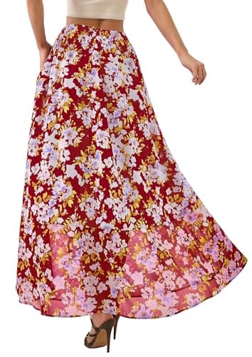 PRETTYGARDEN 2026 Summer Maxi Long Skirts for Women Trendy Boho Floral High Waisted Slit Flowy Travel Beach Vacation Clothes (Floral Red Purple,X-Large) - Thumbnail 4