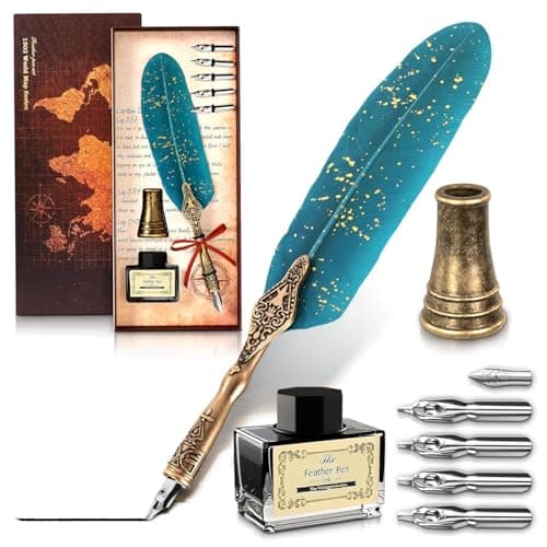 Turquoise Feather Quill Pen and Ink Set – Stainless Steel Dip Pen with 5 Nibs, Non-Slip Grip, Stand & Gift Box – Vintage Quill and Ink Set for Signing, Writing Calligraphy Kit, Elegant Writer Gift