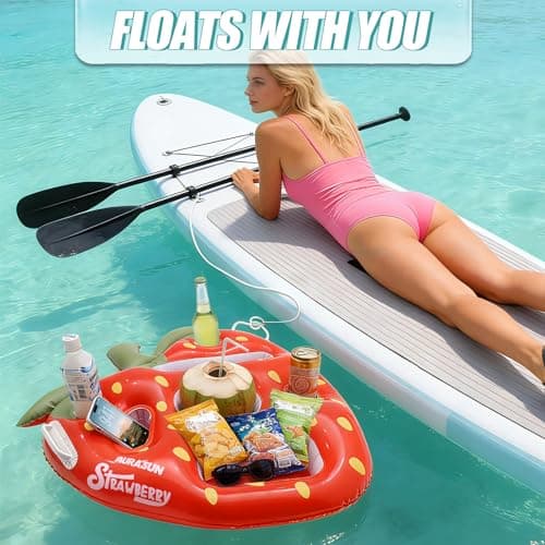 AURASUN Inflatable Strawberry Floating Tray with Drink Holders & Phone Slot for Pool, Beach, Lake, Hot Tub and Boats - Food & Drinks Float with Handles (RED) - Thumbnail 6