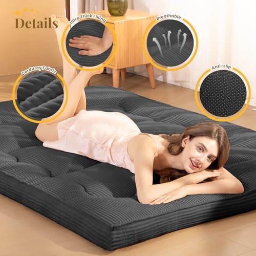 NLDD Futon Mattress Twin Size, 4" Thicken Japanese Futon Mattress Sleeping Pad, Corduroy Foldable Floor Mattress, Roll Up Tatami Mat for Adults Guest Room Bedroom, Grey - Thumbnail 5