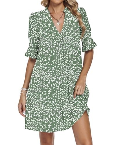 AUSELILY Vacation Dresses for Women V Neck Ruffle Short Sleeve Casual Shift Dress, Olive Green Leaves M - Thumbnail 4