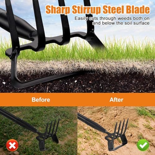 Garden Hoe, 2-in-1 Stirrup Action Hoe with 4-Tine Cultivator Rake, 74 Inch Long Handle Scuffle Weeder Hoe Weeding Tool for Fast Weeding, Soil Loosening, Aerating and Compost Mixing - Thumbnail 3