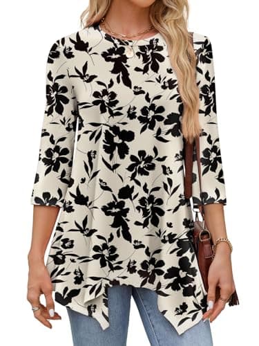 JUSTFASHIONNOW Floral Tunic Tops for Women Plus Size Dressy Casual 3/4 Length Sleeve Womens Blouses Maternity Shirts Asymmetrical Hem Ladies Outfits（Apricot，XX-Large - Thumbnail 4