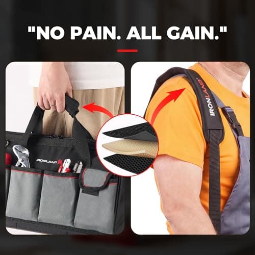 IRONLAND 16.5 Inch Hard & Sturdy Bottom Tool Bag Organizer for Men, Waterproof Heavy Duty Tool Bag with Handle & Large Zipper, Ideal for Mechanics Electrician Handyman Hvac, Great Gift for Dad - Thumbnail 4