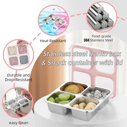 BEFOY 4 Divided Compartments Snack Containers Bento Snack Box with Lid Stainless Steel Kids Plates Reusable Meal Prep Lunch Box Food Storage Containers for Adults Travel Work - Thumbnail 4