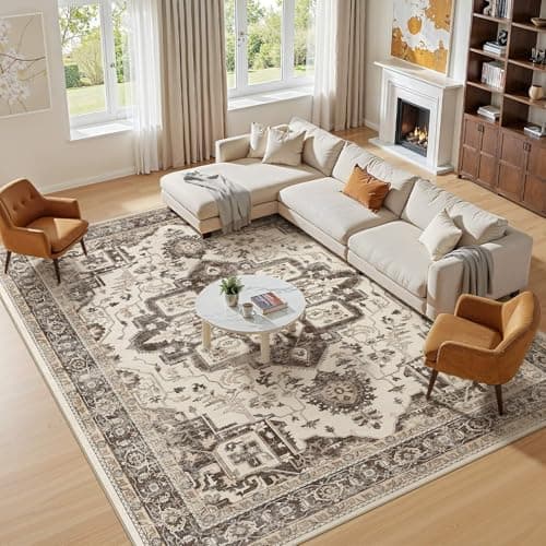 Jessibou Washable 8x10 Area Rug for Living Room - Vintage Distressed Carpet with Non-Slip Backing, Soft Stain Resistant Low Pile Indoor Rug for Bedroom & Dining Room, Kid & Pet Friendly -Dark Brown - Thumbnail 6