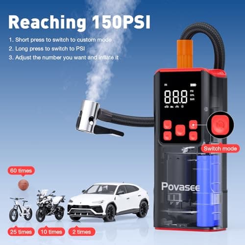 Tire Inflator Portable Air Compressor Povasee 150PSI Portable Air Pump for Tires Cordless Car Tire Inflator with LCD Display,Flashlight, 2X Tire Pump Faster suit for Cars Bikes Motorcycle Ball - Thumbnail 6