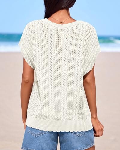 KIRUNDO Crochet Tops for Women Cap Short Sleeve Sweater Vest 2026 Summer Fall Cable Knit Pullover Beach Vacation Outfits(Beige, X-Large) - Thumbnail 2