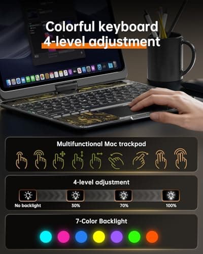 Clear Keyboard Case for iPad Air 13 Inch (M4/M3/M2, 2026/2025/2024) & iPad Pro 12.9 Inch (6th/5th/4th/3rd Gen), 7-Color Backlit Keyboard with Touchpad, 360° Rotating Stand, Pencil Holder, Black - Thumbnail 3