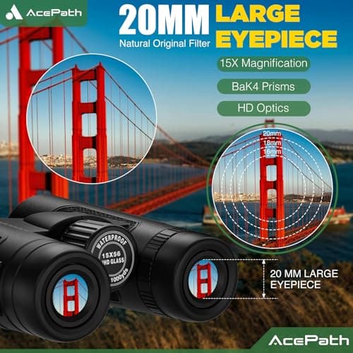 AcePath 15x56 Binoculars for Adults High Powered - Large View Binoculars with Clear Low Light Vision - Waterproof Compact Binocular for Hunting Camping Cruise Travel Bird Watching - Thumbnail 2