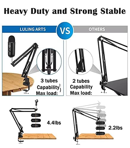 Luling Arts Boom Arm Suspension Mic Heavy Duty Microphone Arm for Blue Yeti, Hyperx Quadcast, Adjustable Boom Mic Stand Desk with Pop Filter, 1/4“-3/8“-5/8“ Adapter, Mic Mounts,Broadcast - Thumbnail 3