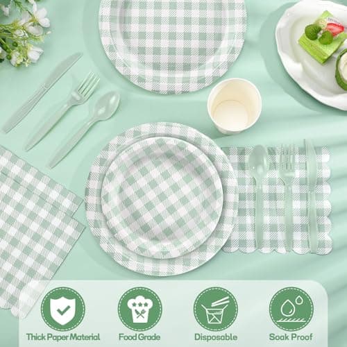 NatNarr 175 Pcs Gingham Paper Plates, Sage Green Baby Shower Decorations Include Sage Green Plates and Napkins Disposable Checkered Dinnerware Set for Bridal Shower, Wedding, Birthday - Thumbnail 4