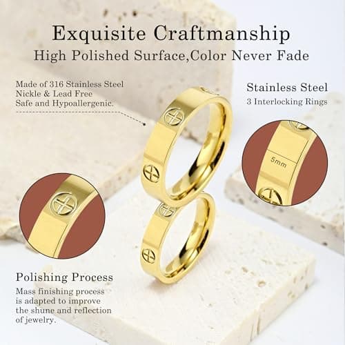 YCSLYW Ladies Stainless Steel Ring Love Friendship Ring Golden High Polishing, low allergy Wedding Jewelry Valentine's Day Birthday Gift, 5-10 - Thumbnail 3