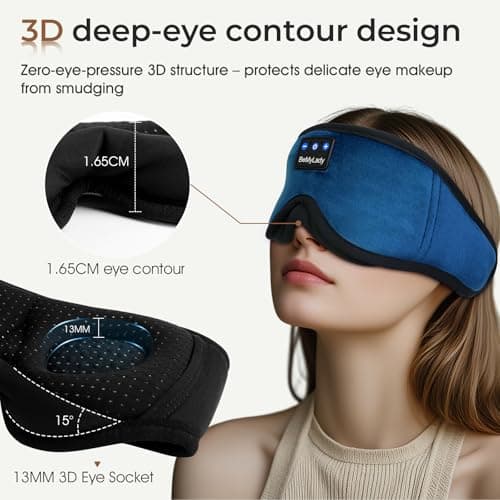 BeMyLady Sleep mask Headphones,100% Blackout 3D Zero Eye Pressure Bluetooth Sleep mask Breathable Eye mask with Bluetooth Headphones Sleep Headphones for Side Sleepers, 14H Playtime&Bluetooth 5.4 Blue - Thumbnail 3
