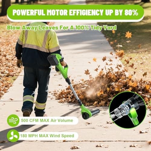 Leaf Blower Cordless, 21V Electric Leaf Blower Cordless with 2 Batteries, Adjustable 300° Multi-Angle Rotation Nozzle 3 Speed Modes 500CFM/180MPH for Lawn Care, Patio, Dust, Leaves, Yard, Car, Gutter - Thumbnail 3