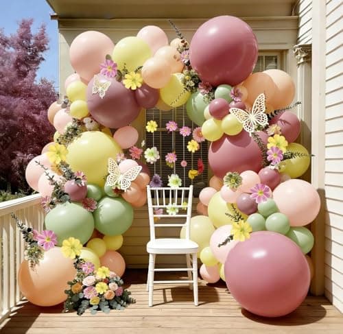 Pastel Pink Yellow Green Balloon Arch with Artificial Flower Double Stuffed Dusty Green Pink Peach Mauve Balloon Garland Kit for Tea Party Wildflower Spring Birthday Baby Shower Fairy Party Decor - Image 1