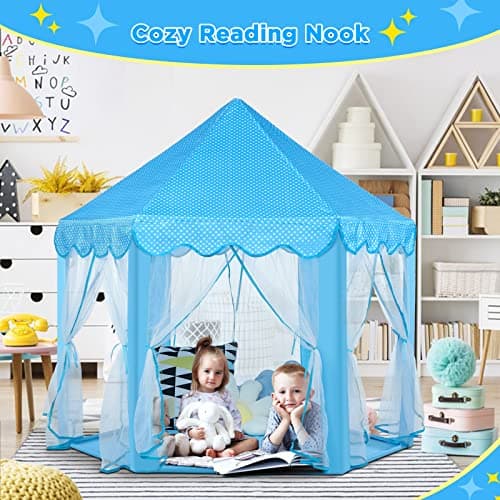 Monobeach Princess Castle Playhouse for Girls - Large Kids Tent with Star Lights for Indoor & Outdoor Play, 55'' x 53'' (DxH) (Blue Princess Tent with Little Star Lights) - Thumbnail 4