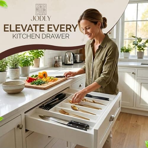 JODLY Bamboo Kitchen Utensil Drawer Organizer for Silverware | 100% Natural Expandable 14-20 Inch Kitchen Drawer Organizers for Utensils | Non-Slip Base | Screwed Joints for Long-Lasting Durability - Thumbnail 5