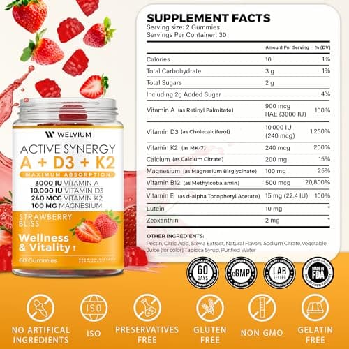 WELVIUM Vitamin D3 K2 Gummies 10000 IU with Magnesium Glycinate, Calcium, B12, K2 MK-7, Vitamins A, E, Lutein, Zeaxanthin - ADK Chewable Supplement for Bone, Eye, Immune Support - D3K2 Gummies - Thumbnail 3