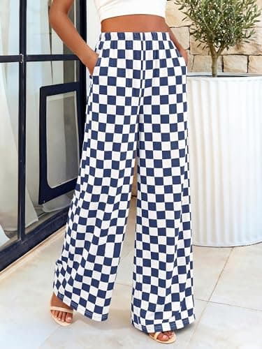 BTFBM Womens Checkered Palazzo Pants Wide Leg High Waisted Pockets Gingham Casual Lounge Pajama Trousers Summer Outfits(Plaid Grey Blue,Small) - Thumbnail 4