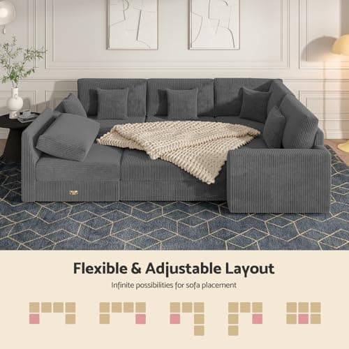 Modular Sectional Sofa, Oversized U Shaped Couch, Convertible Sleeper Sofa, 6 Seat Sofa with Chaise, Deep Seat Comfy Cloud Couch with Ottoman and Five Pillows for Living Room (U Shape Sectional, Gray) - Thumbnail 5