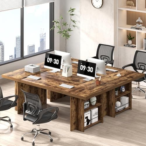 FOLUBAN Large Executive Office Desk, 70" Long Computer Desk with Side Storage Shelves, Vintage Wood Conference Table Workstation for Home Office, Two Person Gaming Study Writing Table, Rustic Brown - Thumbnail 5