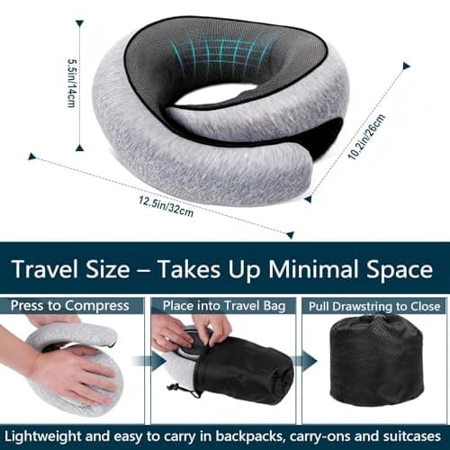 Travel Neck Pillow for Airplane, Memory Foam Neck Pillow with 360° Support, Adjustable Velcro, Breathable Washable Cover, Compact and Packable for Long Flights, Car, Train & Office,(Light Grey) - Thumbnail 2