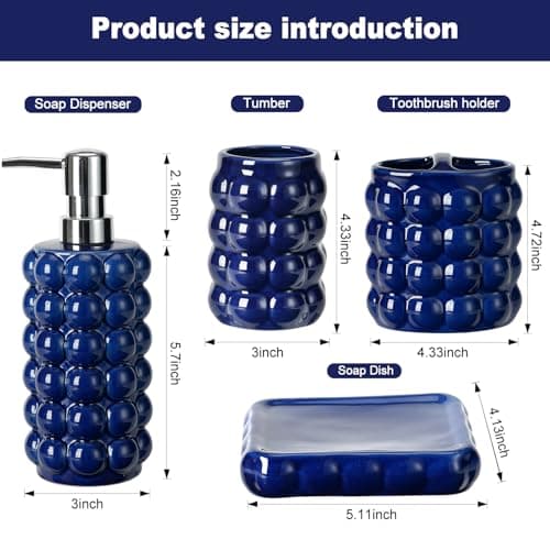 4 Piece Ceramic Bathroom Accessories Set –Soap Dispenser,Toothbrush Holder,Tumbler & Soap Dish,Includes Silicone Funnel,Non-Slip,Modern Farmhouse Countertop Organizer Set for Bathroom Decor, Navy Blue - Thumbnail 3
