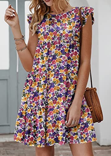 KIRUNDO Womens Dresses 2026 Cute Summer Sleeveless Boho Floral Mini Beach Sundress Ruffle Sleeve Round Neck Loose Short Flowy Pleated Babydoll Dress, Floral3-white Purple, Small - Thumbnail 2