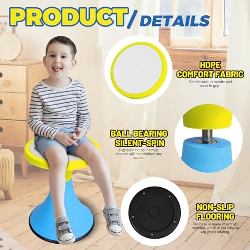 AOBOTE Kids Wobble Stool, 360° Rotatable Children Swivel Chair with Color Block Design, 100KG Load Bearing, for Home and Classroom Learning, Ages 6+ (Yellow) - Thumbnail 3