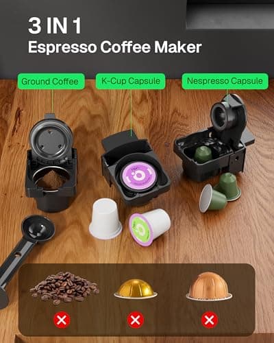 HBN 3-in-1 for Nespresso Capsule & K-Cup Pods & Ground Coffee Multi Coffee Maker Single Serve, 19Bar Programmable One-Touch Brewing Espresso Machine, 20oz Removable Water Tank, 1450W Fast Heat - Thumbnail 2