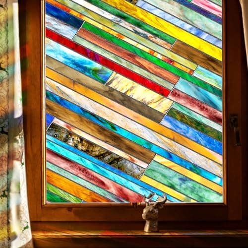 SUNBABY Stained Glass Window Privacy Film: 3D Decorative Vintage Static Clings, Day and Night Privacy, Renter-Friendly Non-Adhesive Sticker for Home Bathroom Door Window Coverings,16.9 x 39.4 Inch - Image 1