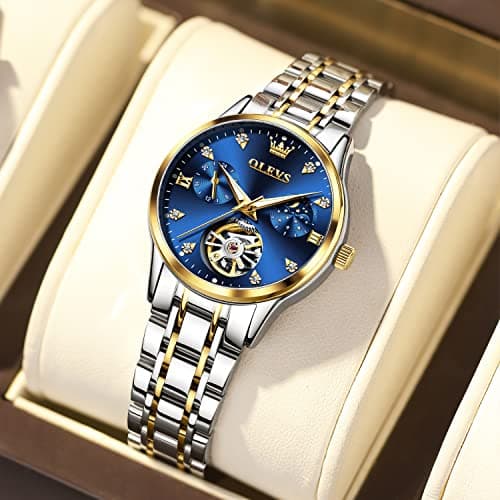 OLEVS Automatic Watches for Women Blue Face Elegant Self Winding Womens Watch Moon Phase Stainless Steel Waterproof Watch Luminous Mechanical Ladies Watches - Thumbnail 2