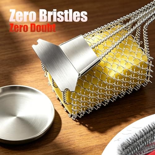 Bristle-Free Grill Brush with Scraper - Safe Steam Clean BBQ Brush with 18" Heat-Resistant Handle, 304 Stainless Locked-Core Mesh Head & HD Scraper | No Loose Wires Design | Grill Grate Cleaner Tool - Thumbnail 3