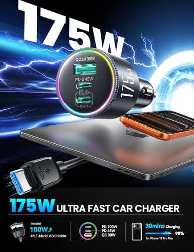 JOYROOM 175W Super Fast Car Charger [GaN] 3-Port Car Charger USB C Fast Charge with USB-C Cable, Car Cigarette Lighter USB Charger for iPhone 17/16/15, Samsung S26/25, Pixel 10, MacBook, iPad and More - Thumbnail 2