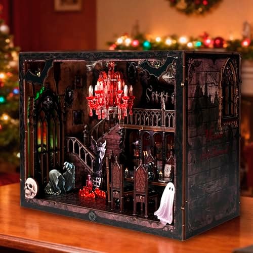 Joibabe Haunted Manor DIY Miniature House Kit with LED Lights - Gothic Book Nook Decor, 3D Wooden Puzzle for Adults, Halloween Home Decoration (AAA Batteries Not Included) - Thumbnail 4