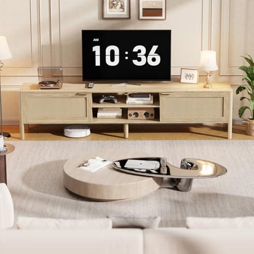 IKALIFE Rattan TV Stand for Living Room - Fits up to 65 Inch TVs, Rattan Media Console Table with Adjustable Shelves & 2 Storage Cabinets, Mid-Century Modern Entertainment Center, Oak 58" - Thumbnail 6