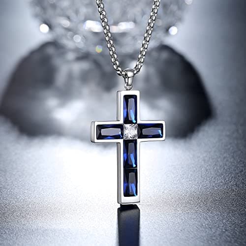 BAMIKI Cross Necklace for Men, Created Sapphire Blue Cubic Zirconia Pendant with 316L Stainless Steel, September Birthstone Necklace Faith Jewelry Gifts, Box Chain 24 Inch - Thumbnail 2