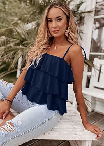 KIRUNDO Spaghetti Strap Ruffle Babydoll Peplum Tank Tops for Women 2026 Summer Cute Flowy Beach Vacation Cruise Outfits(Navy, X-Large) - Thumbnail 5