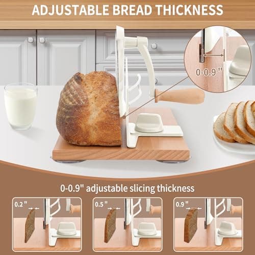 CAWIU Manual Bread Slicer with Hand Crank- Adjustable Thickness Bread Cutter for Even Slices, Perfect for Homemade Sourdough, Sandwich, and More, Cream - Thumbnail 2