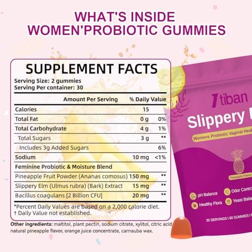 Itiban Slippery Elm Feminine Probiotic Moisture Gummies, pH Balance, Vaginal Flora, Odor Health with Bacillus coagulans, Delicious Pineapple Flavor, 60 Count - Thumbnail 3