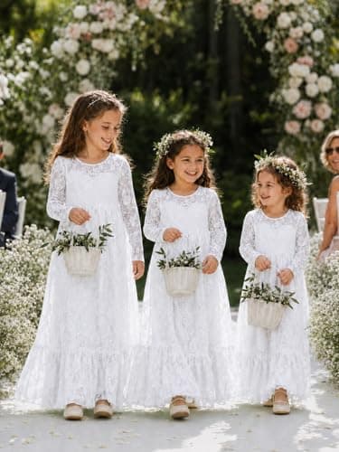 ALLOVIN Toddler & Girls Long Sleeve Lace Flower Girl Dress Maxi Boho A-Line Dress for Wedding Baptism 1st Communion | White | 3-4T - Thumbnail 2
