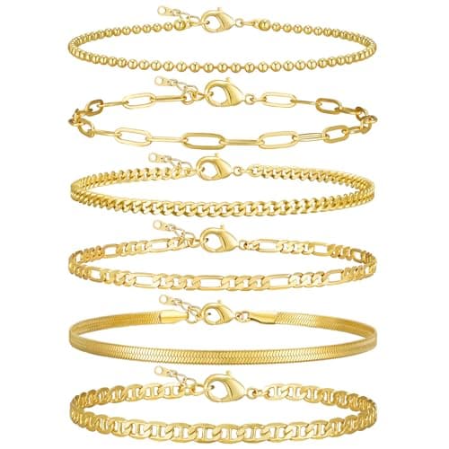 shownee Gold Chain Bracelets Set for Women - Dainty 14K Gold Plated Cuban Link Bracelet Adjustable Figaro Herringbone Paperclip Stackable Beaded Bracelet Pack Jewelry Gifts Graduation Gift for Her Mothers Day Gifts for Mom 6 inch - Image 1
