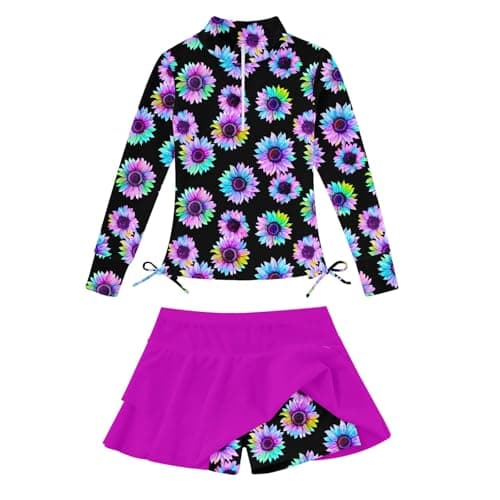 Girls' Swimwear Size 11-12 Black Rash Guard for Teens Purple Swimsuit 2 Pieces Sunflower Rashguard 11/12 Tankini for Big Girl Bathing Suits Swimming Skirt with Shorts Half Zipper Cover Ups Bikini