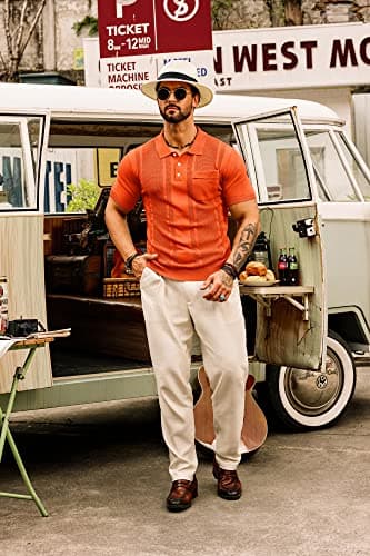 GRACE KARIN Men's Short Sleeve Lapel Collar Knitted Polo Shirts Knitting Lightweight Golf Tee Shirt for Office Orange S - Thumbnail 4
