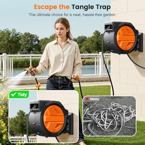 Retractable Garden Hose Reel 1/2” x 100ft, Auto Rewind Hose Reels for Outside, Heavy-Duty Wall-Mounted Outdoor Hose, 10-Mode Nozzle, Adjustable Length, 180° Rotation for Watering, Car Washing - Thumbnail 3