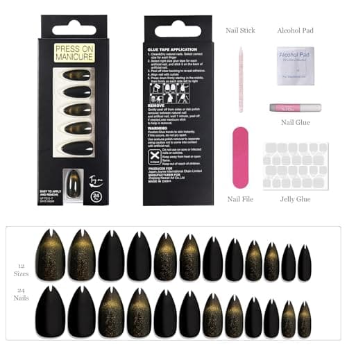 Glue On Nails Almond Black Goth - Cat Eye Mysterious Shine Handmade Reusable Nails for Gothic Chic Look, 24 Nails in 12 Sizes with Glue, Adhesive Tabs, File, Prep Pad, Manicure Stick - Thumbnail 5